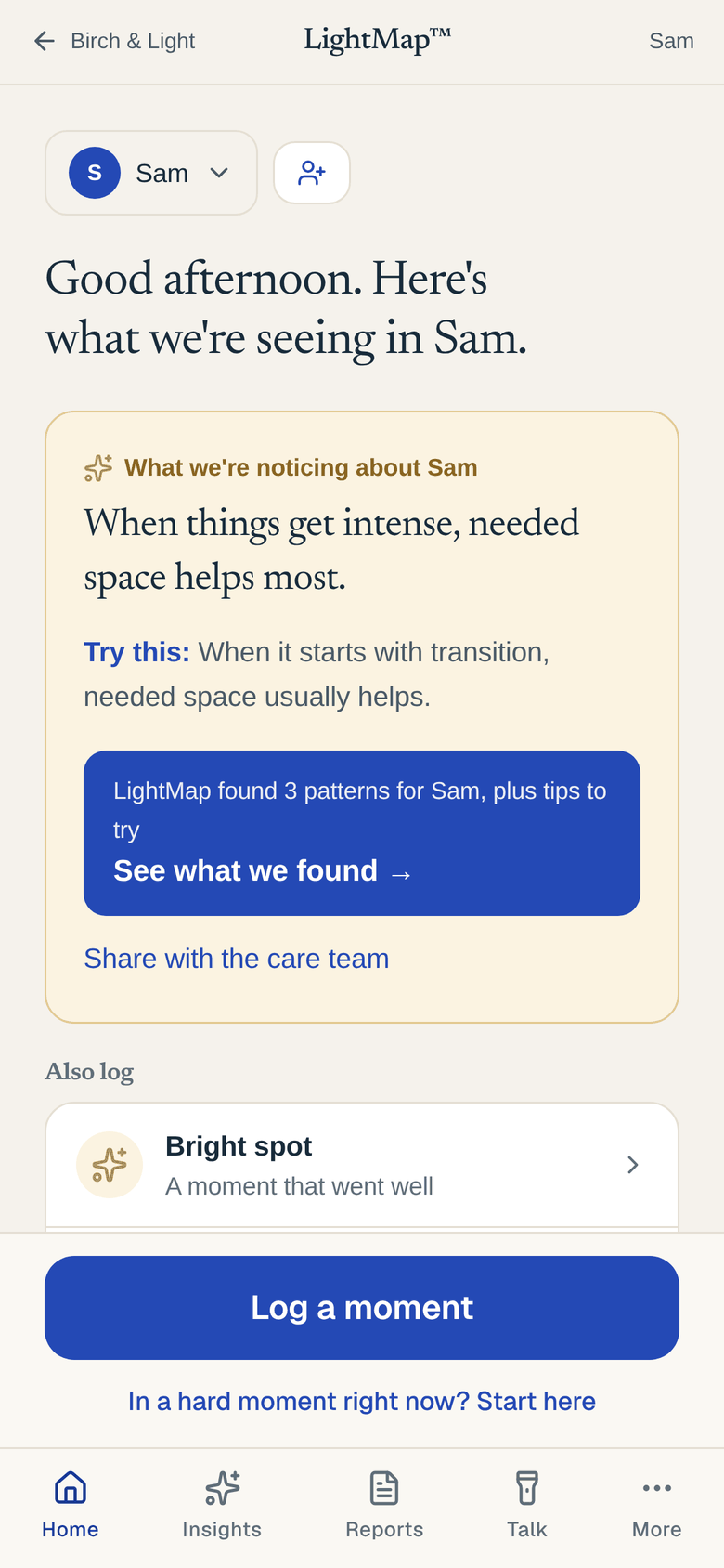 LightMap home screen: what we are noticing about Sam, a tip to try, and the Log a moment button