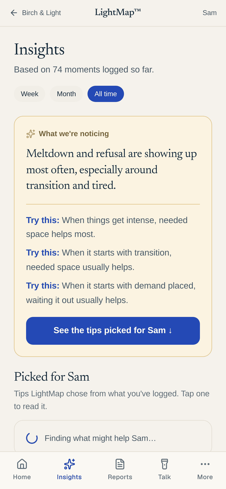 LightMap Insights screen showing a child's most common triggers and 7-day trend