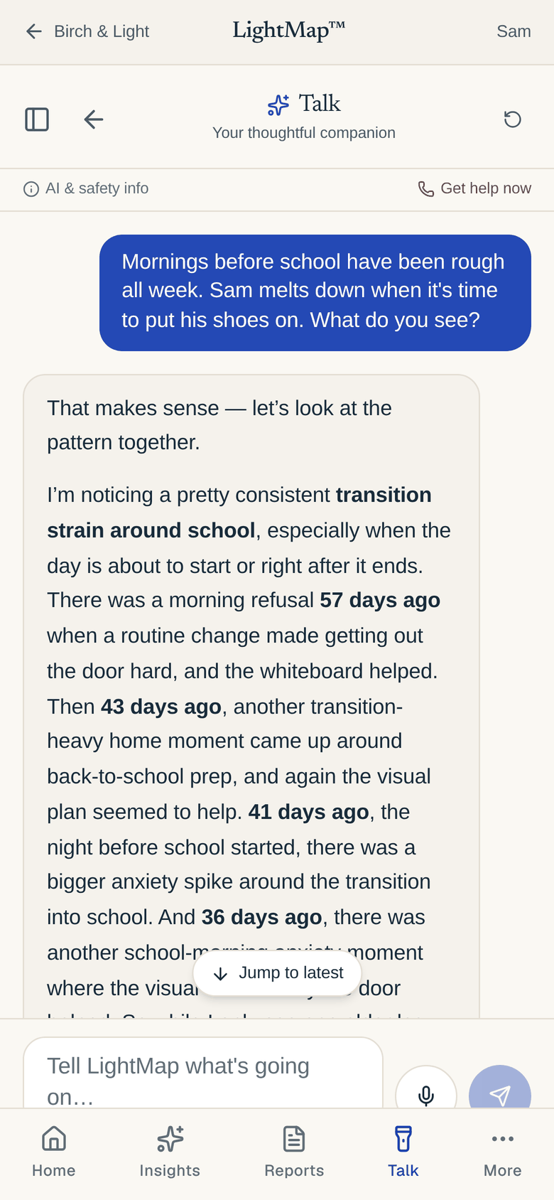 LightMap Talk screen: a parent asks about rough school mornings and LightMap answers from Sam's own log